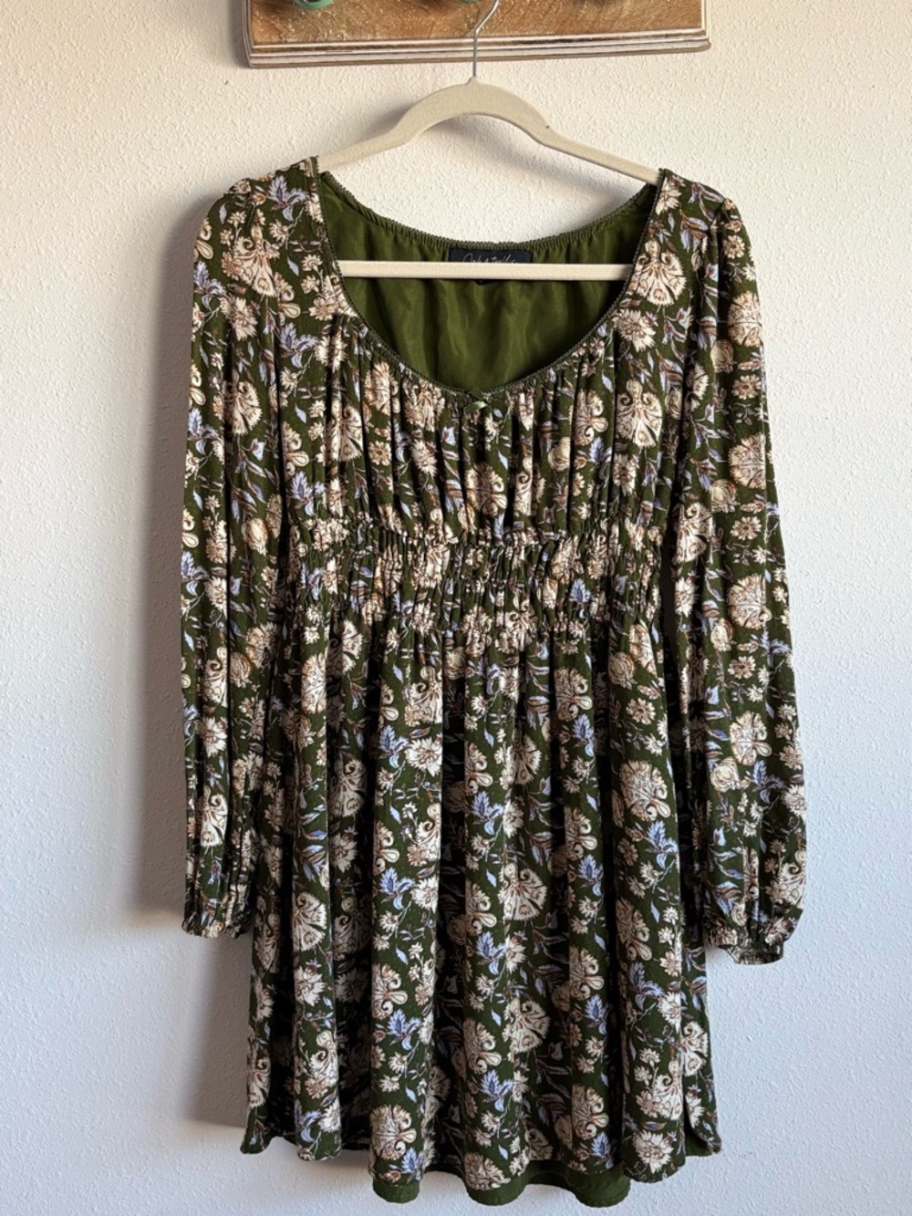 Olive Green Floral Mini Dress with Smocked Waist